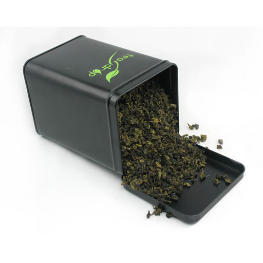square metal tea caddy with hinged lid